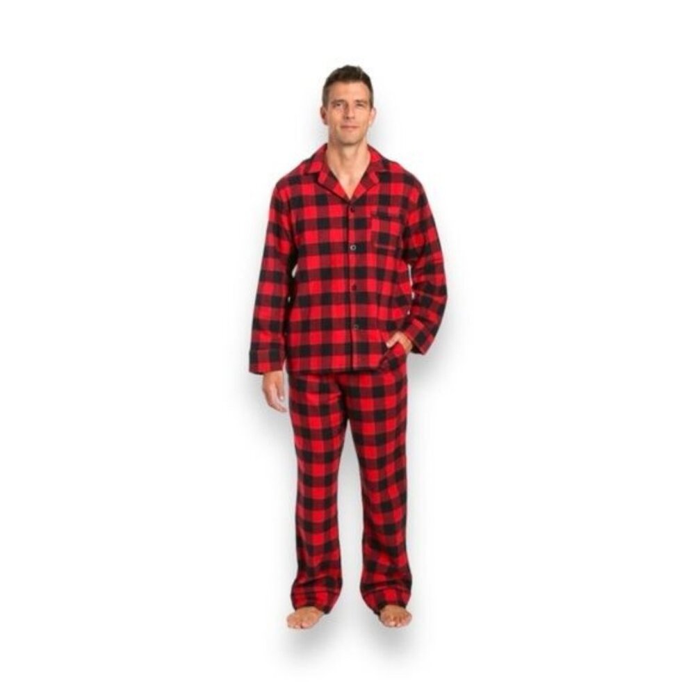 Noble Mount Men's 100% Cotton Flannel Pajama Set Red Black Buffalo Plaid Cozy
